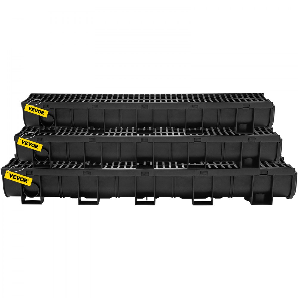 VEVOR Trench Drain System, Channel Drain with Plastic Grate, 150x130MM HDPE Drainage Trench, Black Plastic Garage Floor Drain, 6x39 Trench Drain Grate, with 6 End Caps, for Garden, Driveway-6 Pack