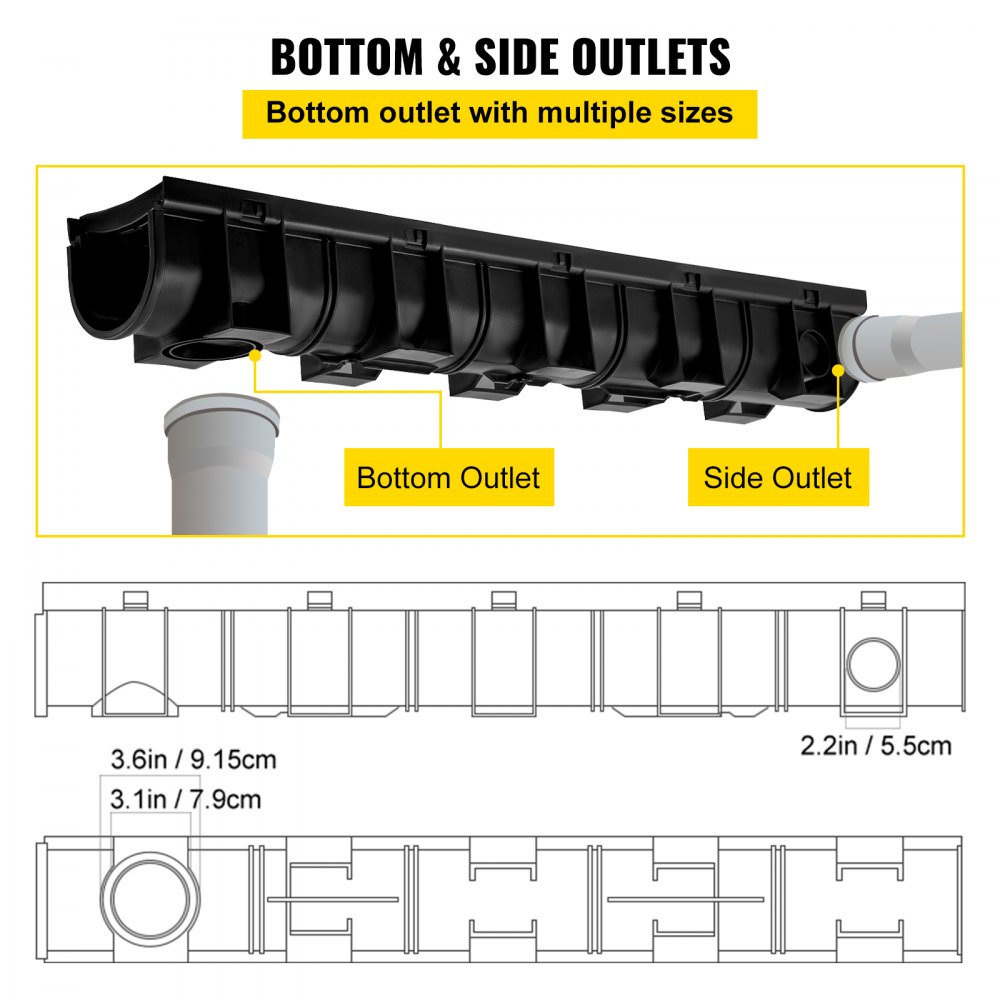 VEVOR Trench Drain System, Channel Drain with Plastic Grate, 5.9x5.1-Inch HDPE Drainage Trench, Black Plastic Garage Floor Drain, 6x39 Trench Drain Grate, with 6 End Caps, for Garden, Driveway-6 Pack