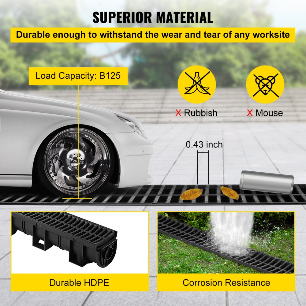 VEVOR Trench Drain System, Channel Drain with Plastic Grate, 5.9x5.1-Inch HDPE Drainage Trench, Black Plastic Garage Floor Drain, 6x39 Trench Drain Grate, with 6 End Caps, for Garden, Driveway-6 Pack