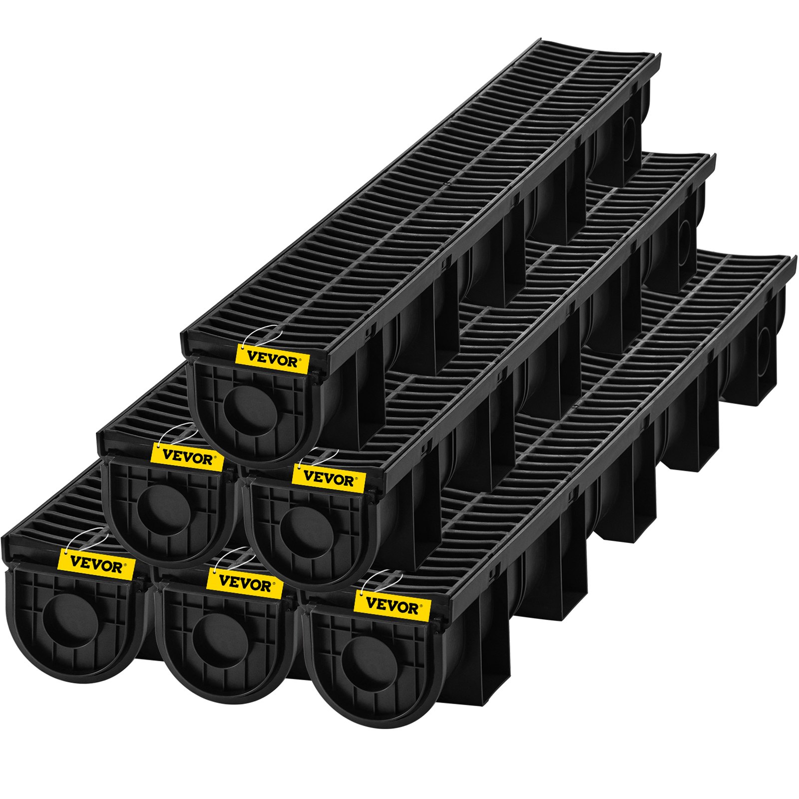 VEVOR Trench Drain System, Channel Drain with Plastic Grate, 150x130MM HDPE Drainage Trench, Black Plastic Garage Floor Drain, 6x39 Trench Drain Grate, with 6 End Caps, for Garden, Driveway-6 Pack