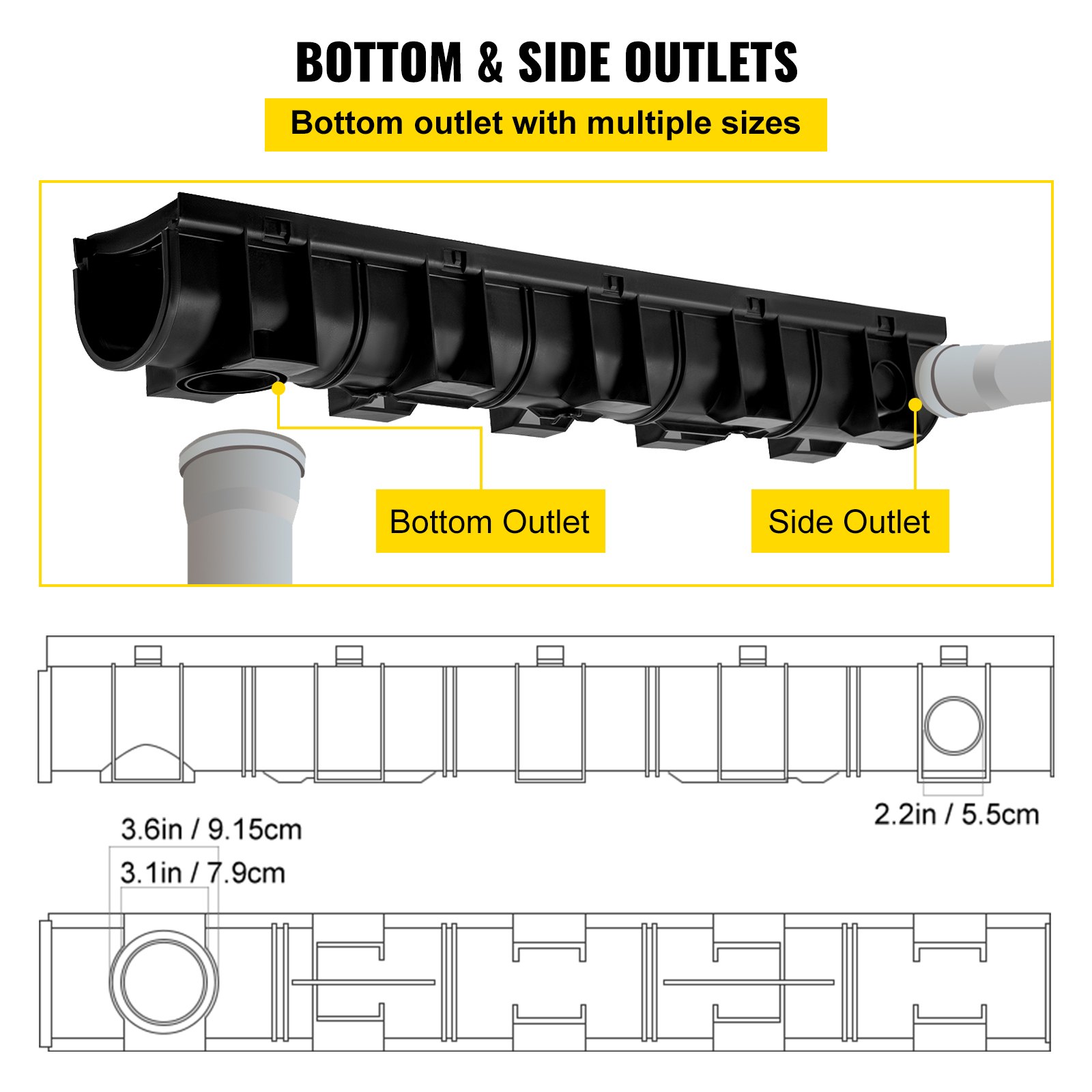 VEVOR Trench Drain System, Channel Drain with Plastic Grate, 5.9x5.1-Inch HDPE Drainage Trench, Black Plastic Garage Floor Drain, 6x39 Trench Drain Grate, with 6 End Caps, for Garden, Driveway-6 Pack