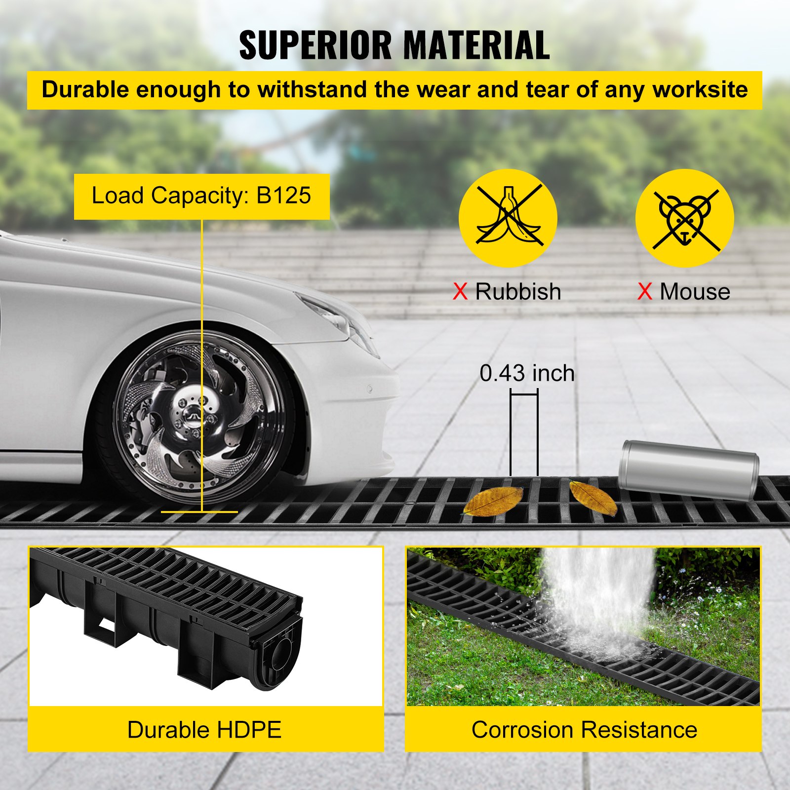 VEVOR Trench Drain System, Channel Drain with Plastic Grate, 5.9x5.1-Inch HDPE Drainage Trench, Black Plastic Garage Floor Drain, 6x39 Trench Drain Grate, with 6 End Caps, for Garden, Driveway-6 Pack