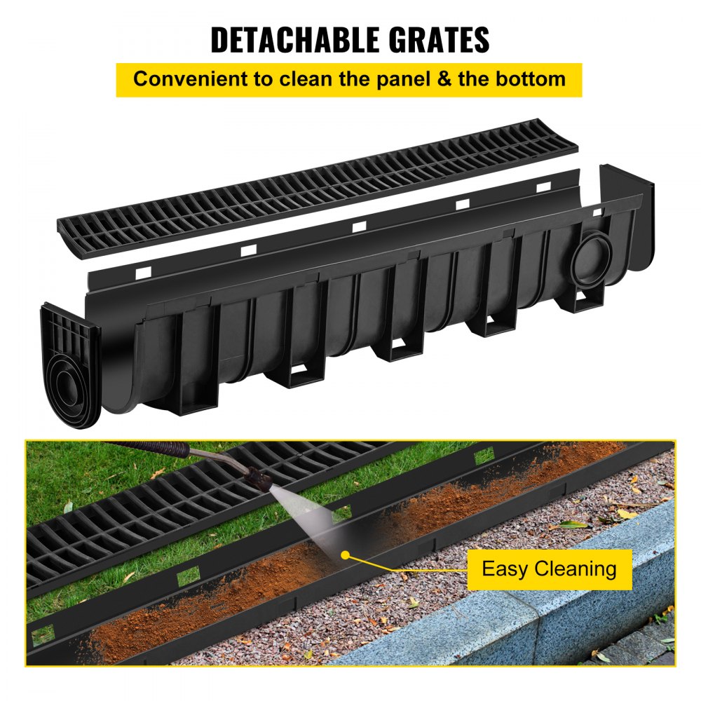 VEVOR Trench Drain System, Channel Drain with Plastic Grate, 5.9x7.5-Inch HDPE Drainage Trench, Black Plastic Garage Floor Drain, 4x39 Trench Drain Grate, with 4 End Caps, for Garden, Driveway-4 Pack