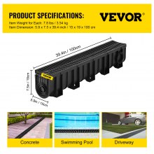 VEVOR Drainage Trench Driveway Channel Drain Kit Plastic Grate-5.8"x7.5"-4 Pack