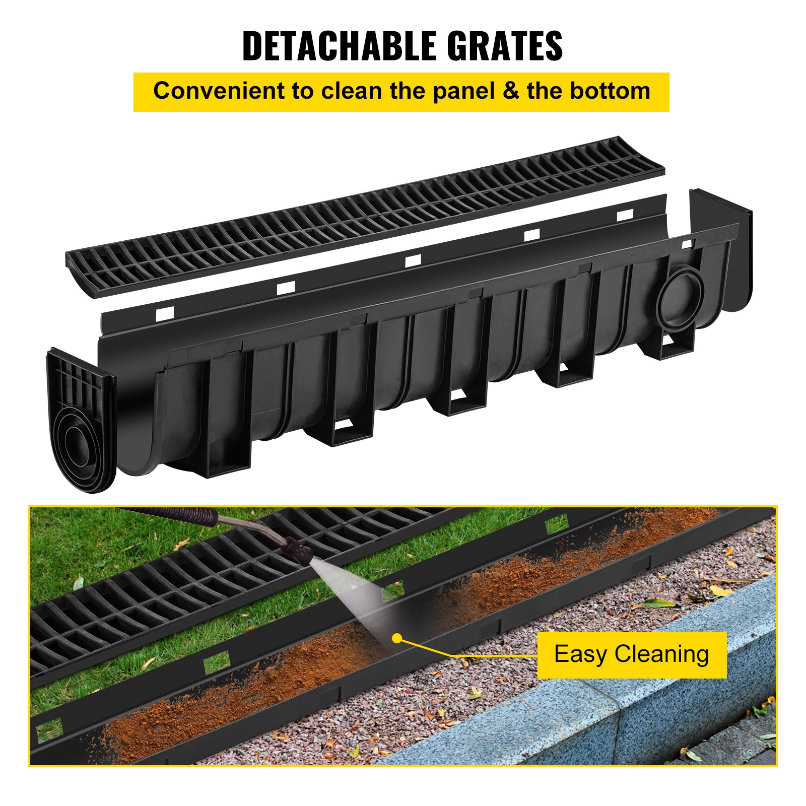 VEVOR Trench Drain System, Channel Drain with Plastic Grate, 5.9x7.5-Inch HDPE Drainage Trench, Black Plastic Garage Floor Drain, 4x39 Trench Drain Grate, with 4 End Caps, for Garden, Driveway-4 Pack