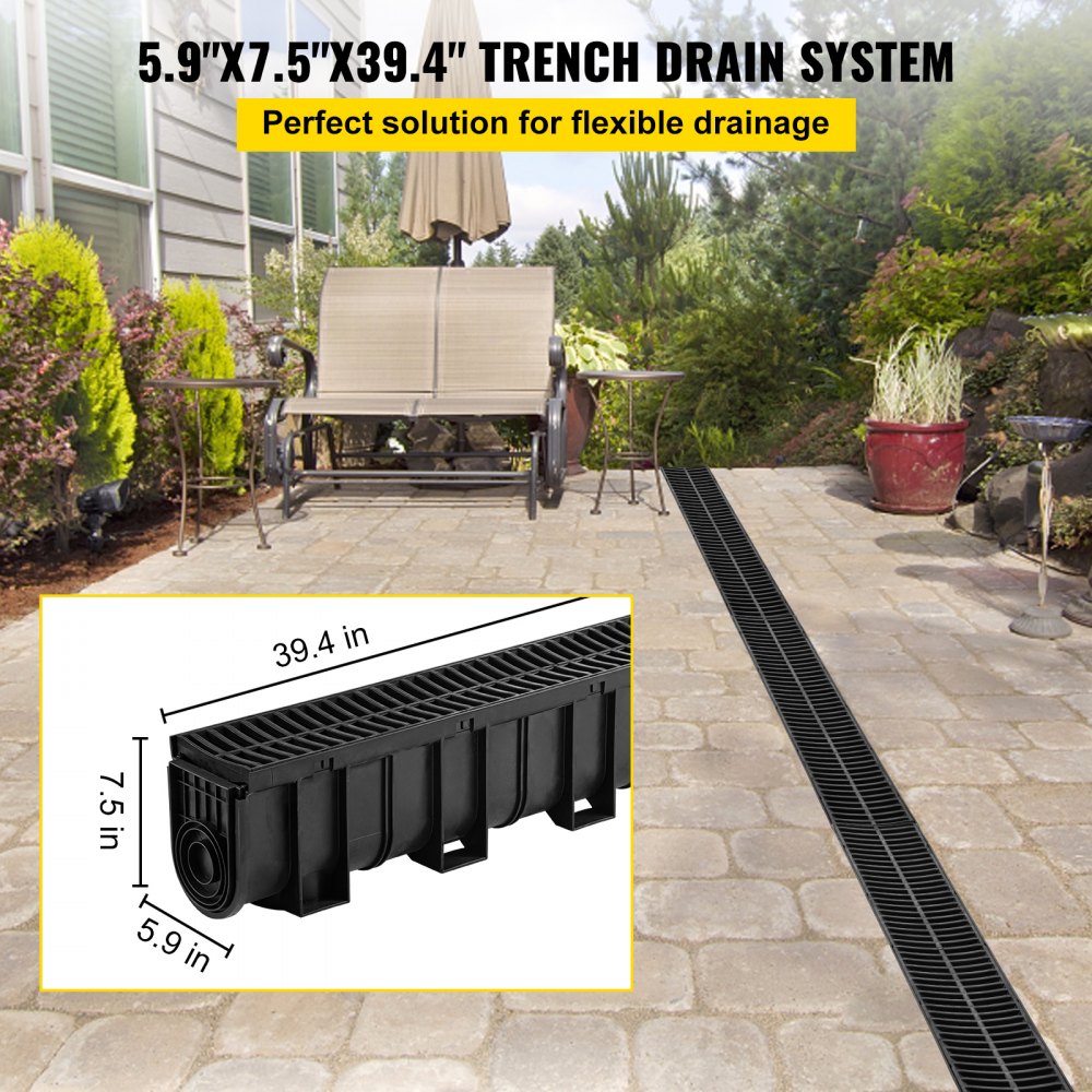 VEVOR Trench Drain System, Channel Drain with Plastic Grate, 5.9x7.5-Inch HDPE Drainage Trench, Black Plastic Garage Floor Drain, 5x39 Trench Drain Grate, with 5 End Caps, for Garden, Driveway-5 Pack
