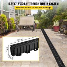 VEVOR Trench Drain System, Channel Drain with Plastic Grate, 5.9x7.5-Inch HDPE Drainage Trench, Black Plastic Garage Floor Drain, 5x39 Trench Drain Grate, with 5 End Caps, for Garden, Driveway-5 Pack