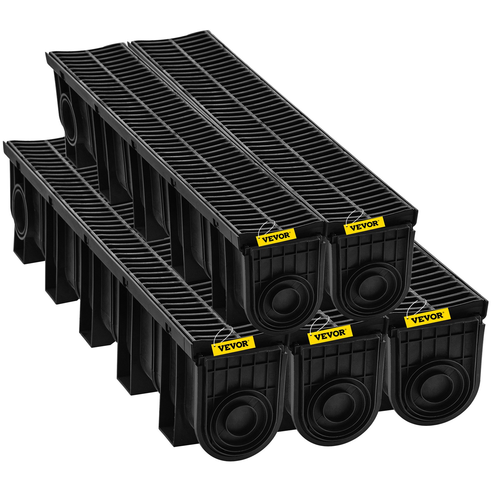 VEVOR Trench Drain System, Channel Drain with Plastic Grate, 5.9x7.5-Inch HDPE Drainage Trench, Black Plastic Garage Floor Drain, 5x39 Trench Drain Grate, with 5 End Caps, for Garden, Driveway-5 Pack
