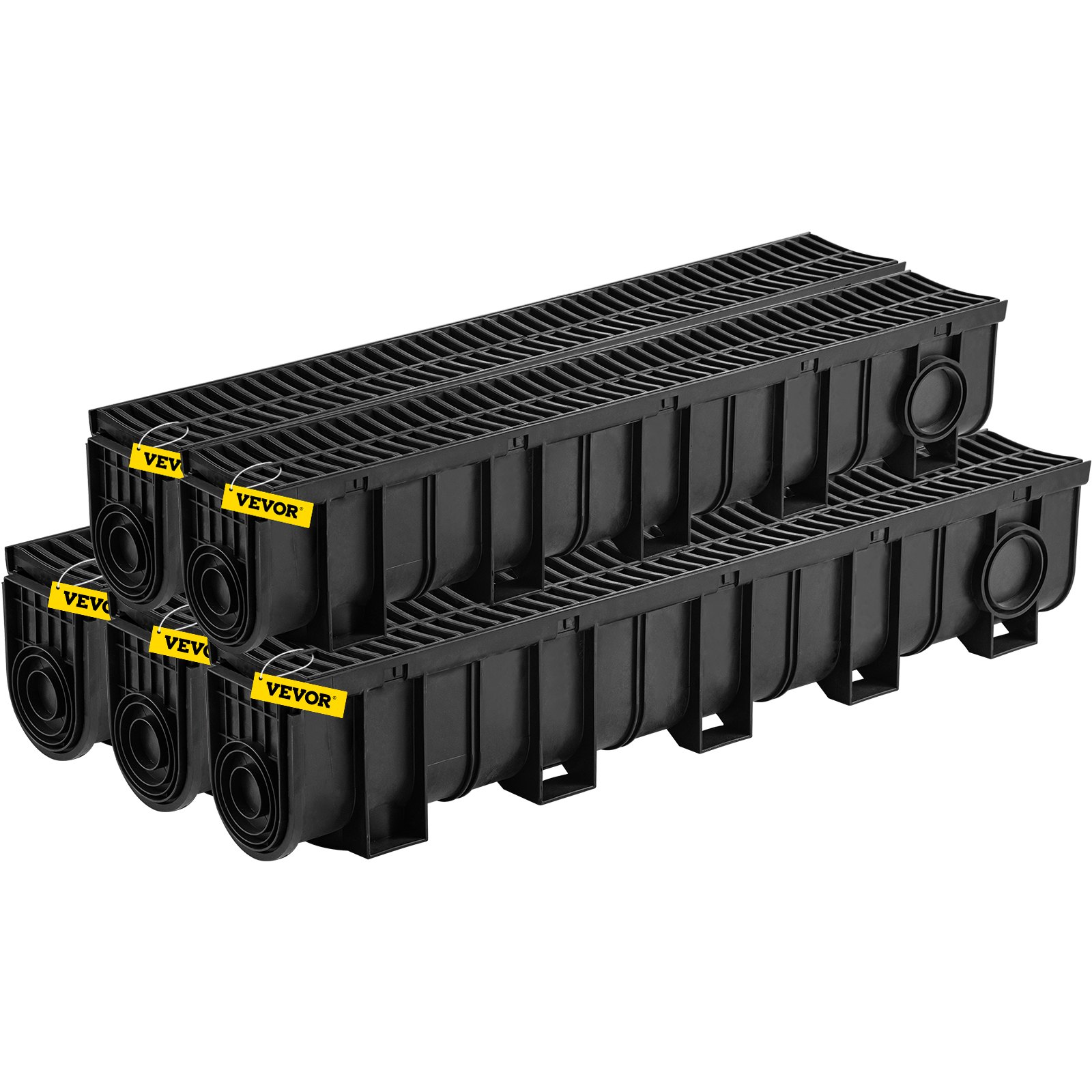 VEVOR Trench Drain System, Channel Drain with Plastic Grate, 5.9x7.5-Inch HDPE Drainage Trench, Black Plastic Garage Floor Drain, 5x39 Trench Drain Grate, with 5 End Caps, for Garden, Driveway-5 Pack
