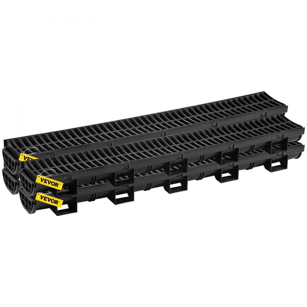 VEVOR Trench Drain System, Channel Drain with Plastic Grate, 5.7x3.1-Inch HDPE Drainage Trench, Black Plastic Garage Floor Drain, 4x39 Trench Drain Grate, with 4 End Caps, for Garden, Driveway-4 Pack