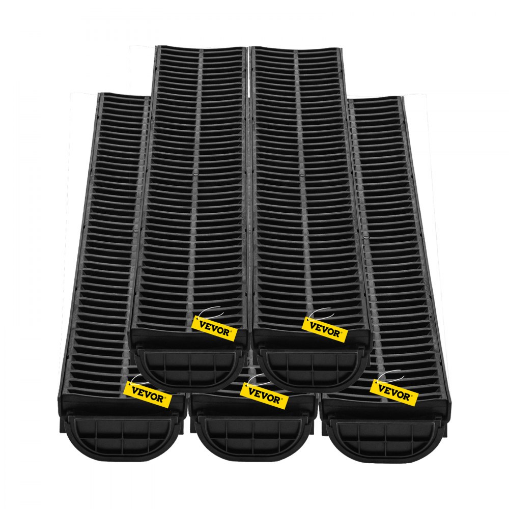 VEVOR Trench Drain System, Channel Drain with Plastic Grate, 5.7x3.1-Inch HDPE Drainage Trench, Black Plastic Garage Floor Drain, 5x39 Trench Drain Grate, with 5 End Caps, for Garden, Driveway-5 Pack