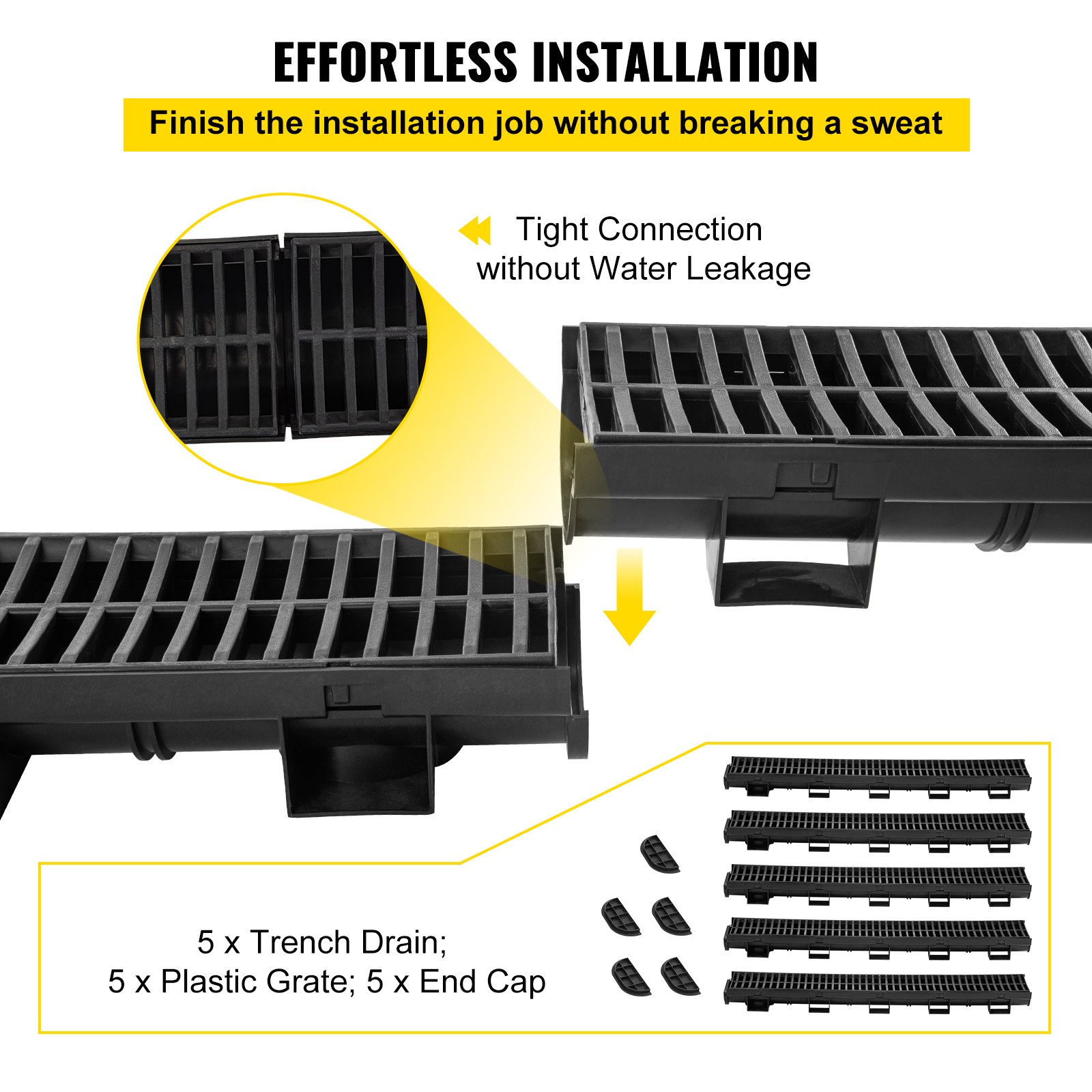 VEVOR Trench Drain System, Channel Drain with Plastic Grate, 5.7x3.1-Inch HDPE Drainage Trench, Black Plastic Garage Floor Drain, 5x39 Trench Drain Grate, with 5 End Caps, for Garden, Driveway-5 Pack