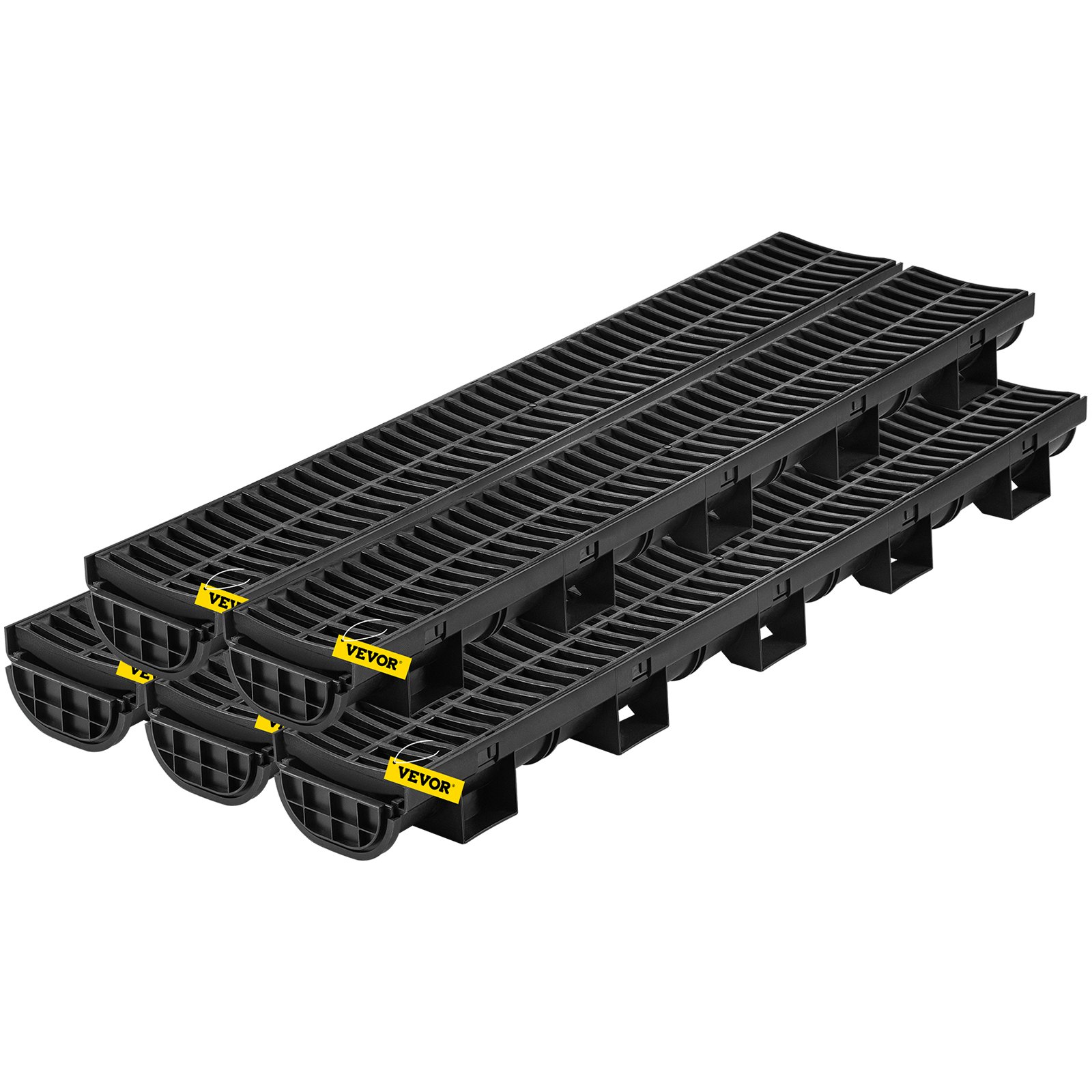 VEVOR Trench Drain System, Channel Drain with Plastic Grate, 5.7x3.1-Inch HDPE Drainage Trench, Black Plastic Garage Floor Drain, 5x39 Trench Drain Grate, with 5 End Caps, for Garden, Driveway-5 Pack