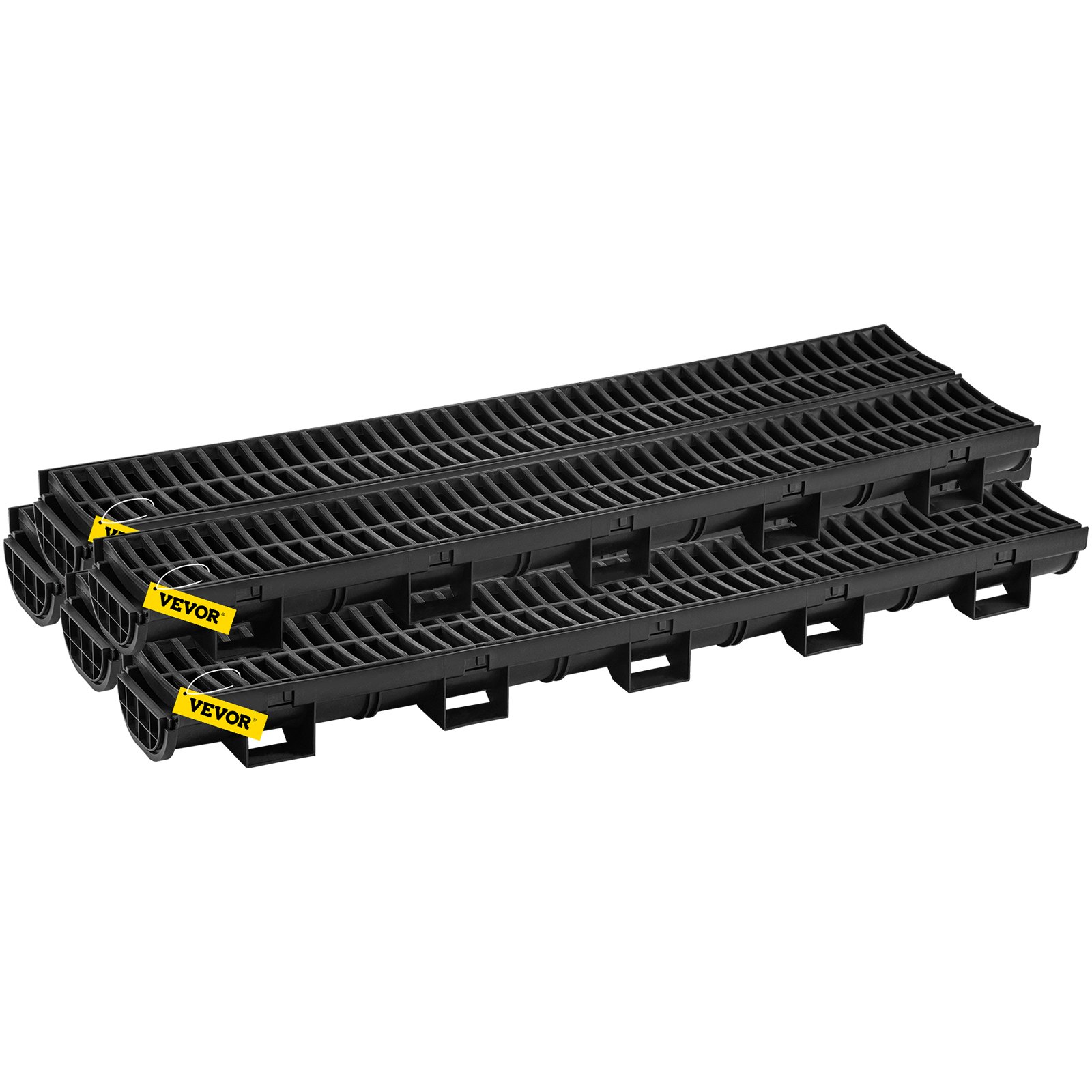 VEVOR Trench Drain System, Channel Drain with Plastic Grate, 5.7x3.1-Inch HDPE Drainage Trench, Black Plastic Garage Floor Drain, 5x39 Trench Drain Grate, with 5 End Caps, for Garden, Driveway-5 Pack
