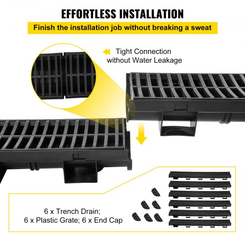 VEVOR Trench Drain System, Channel Drain with Plastic Grate, 5.8x3.1-Inch HDPE Drainage Trench, Black Plastic Garage Floor Drain, 6x39 Trench Drain Grate, with 6 End Caps, for Garden, Driveway-6 Pack
