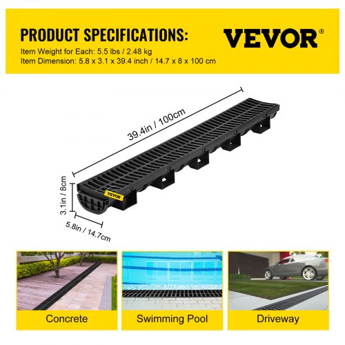 VEVOR Trench Drain System, Channel Drain with Plastic Grate, 5.8x3.1-Inch HDPE Drainage Trench, Black Plastic Garage Floor Drain, 6x39 Trench Drain Grate, with 6 End Caps, for Garden, Driveway-6 Pack