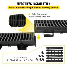 VEVOR Trench Drain System, Channel Drain with Plastic Grate, 5.8x3.1-Inch HDPE Drainage Trench, Black Plastic Garage Floor Drain, 6x39 Trench Drain Grate, with 6 End Caps, for Garden, Driveway-6 Pack