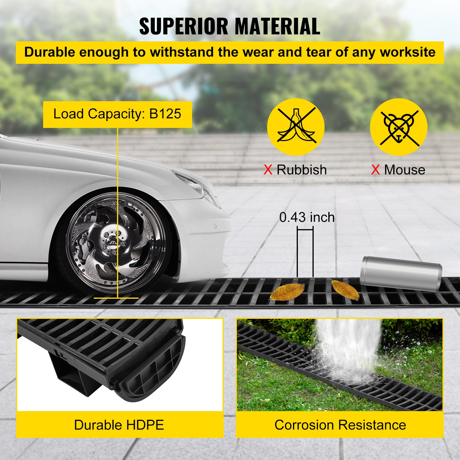 VEVOR Trench Drain System, Channel Drain with Plastic Grate, 5.8x3.1-Inch HDPE Drainage Trench, Black Plastic Garage Floor Drain, 6x39 Trench Drain Grate, with 6 End Caps, for Garden, Driveway-6 Pack
