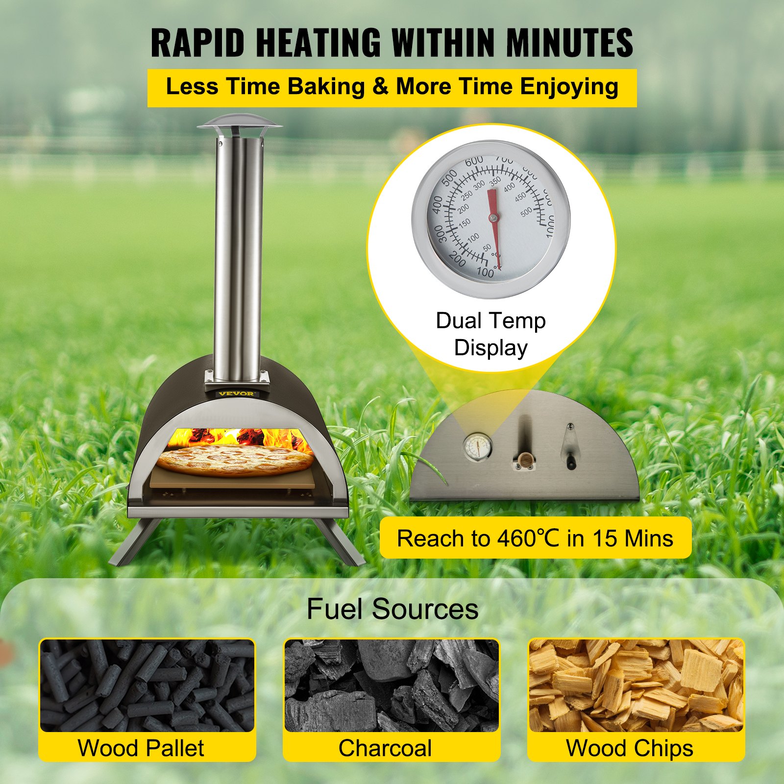 VEVOR outdoor pizza oven with dual temp display, reaches 460°c in 15 mins. fuel: wood, charcoal.