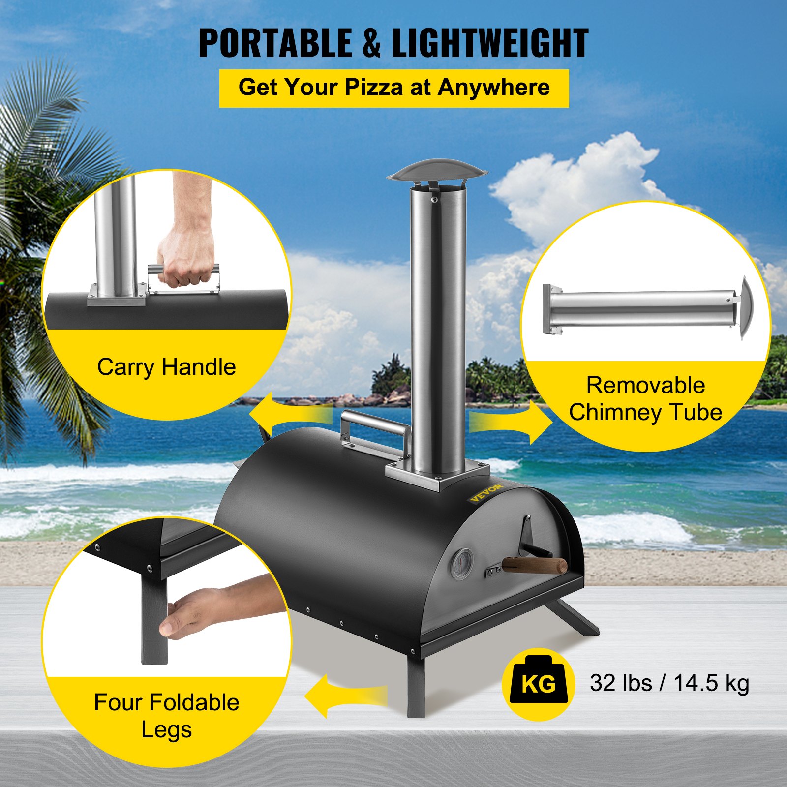 portable and lightweight VEVOR outdoor pizza oven with carry handle and removable chimney.