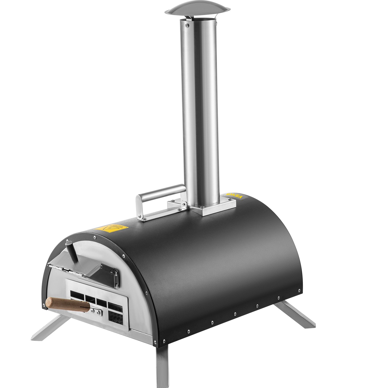 VEVOR outdoor pizza oven with chimney and handle; sleek black and silver design.