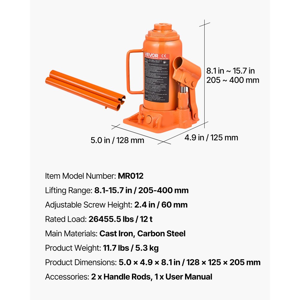 VEVOR Hydraulic Bottle Jack, 12 Ton (26455.5 lbs) Capacity, 205-400 mm Lifting Range, Heavy Duty Welded Bottle Jack for Car, SUV, Pickup, Auto Repair, House Lift and Agricultural Equipment, Orange