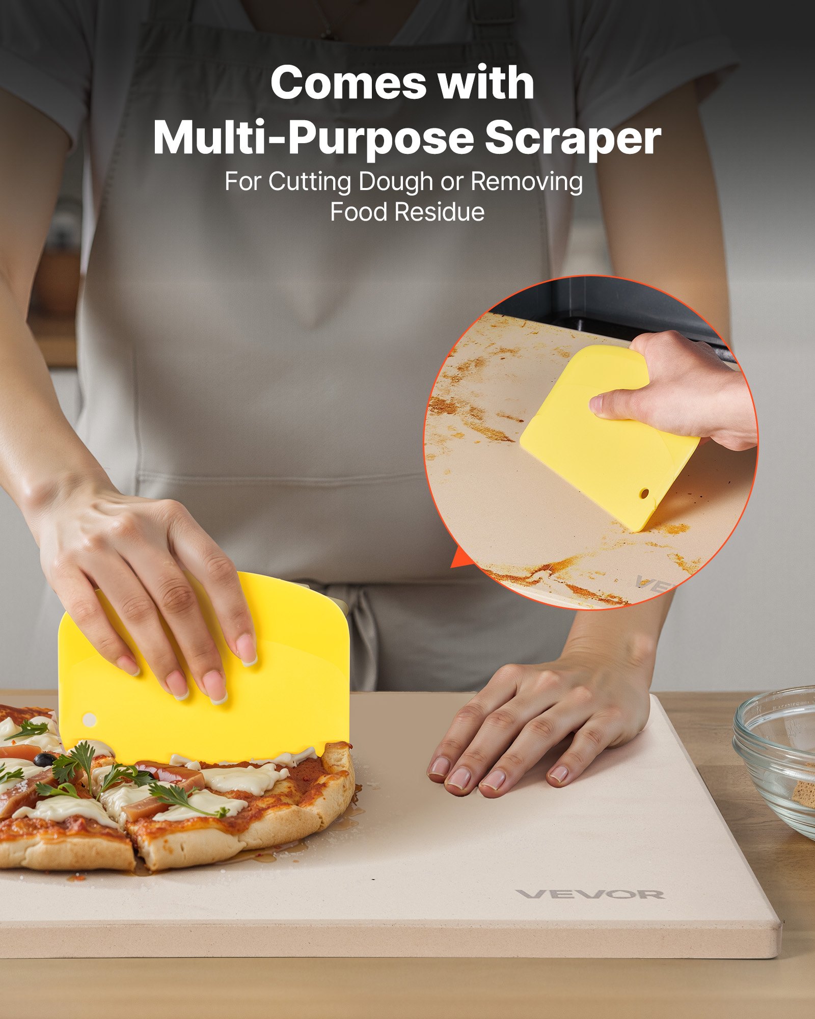 VEVOR Pizza Stone, 406 x 355 mm Rectangular Cordierite Pizza Stone, Extra Large Baking-Stone with Scraper, 15 mm Thick Heat-Resistant Cordierite, for Kitchen Oven, Baking Bread & Pizzas, BBQ Grilling