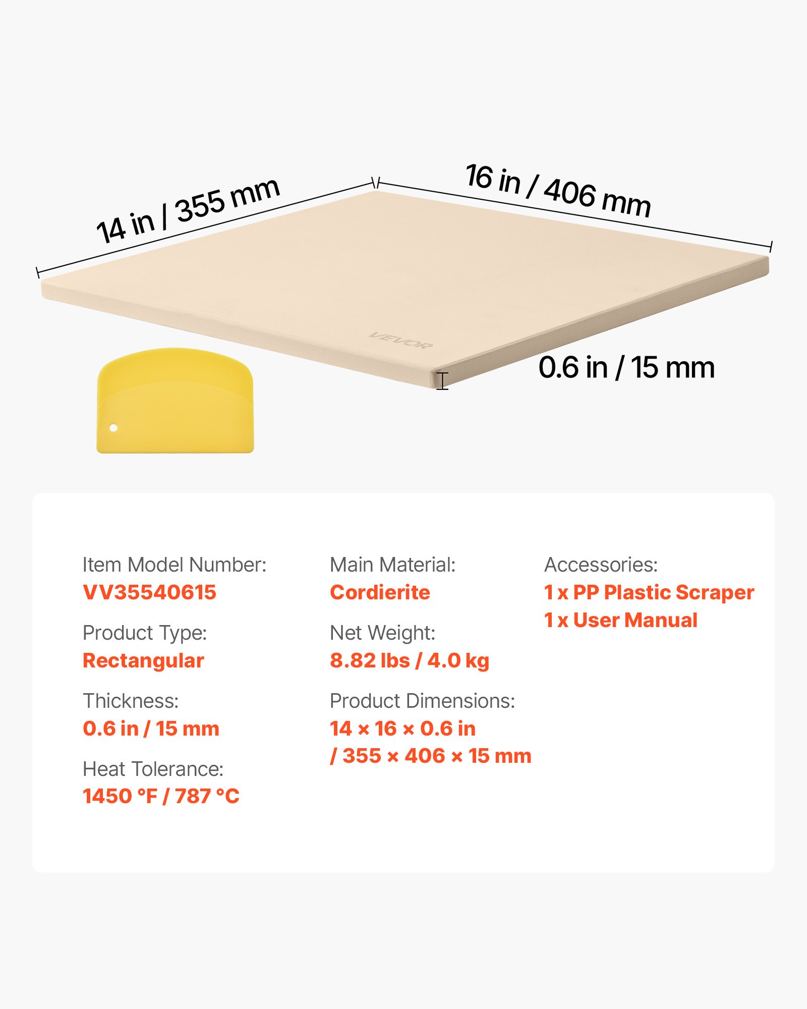 VEVOR Pizza Stone, 406 x 355 mm Rectangular Cordierite Pizza Stone, Extra Large Baking-Stone with Scraper, 15 mm Thick Heat-Resistant Cordierite, for Kitchen Oven, Baking Bread & Pizzas, BBQ Grilling
