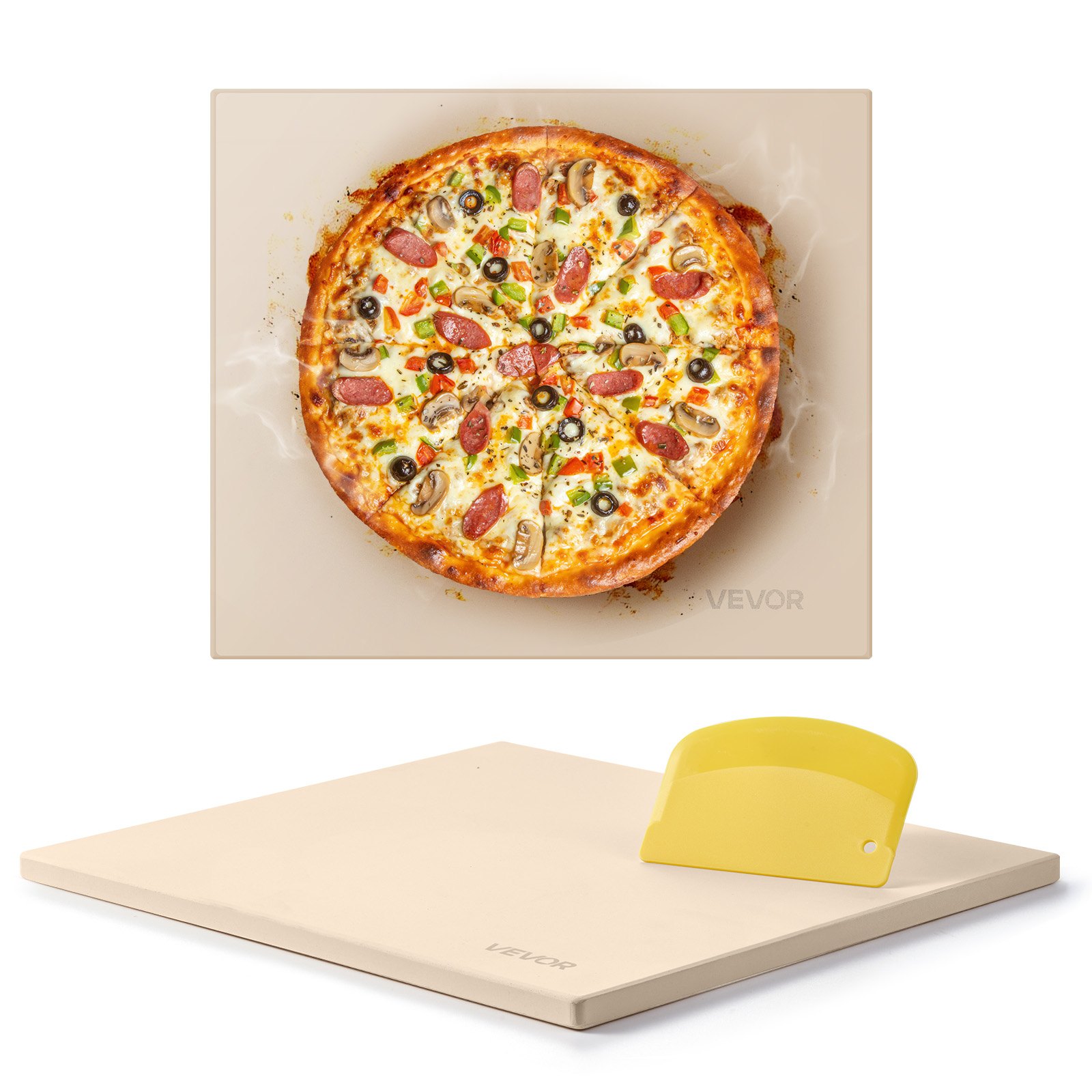 VEVOR Pizza Stone, 406 x 355 mm Rectangular Cordierite Pizza Stone, Extra Large Baking-Stone with Scraper, 15 mm Thick Heat-Resistant Cordierite, for Kitchen Oven, Baking Bread & Pizzas, BBQ Grilling