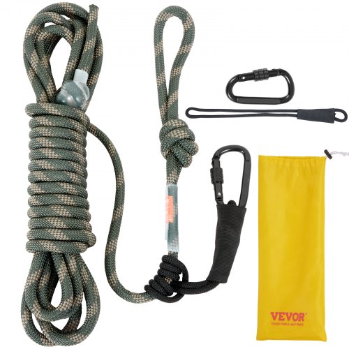 VEVOR Tree Stand Safety Rope, 30 ft/91.44 m Treestand Lifeline Rope 30KN Breaking Tension, 0.6'' Hunting Safety Line with Prusik Knot, 2pcs Carabiner and Silencer, for Treestrap and Climbing