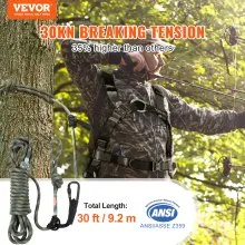 VEVOR Tree Stand Safety Rope, 30 ft/91.44 m Treestand Lifeline Rope 30KN Breaking Tension, 0.6'' Hunting Safety Line with Prusik Knot, 2pcs Carabiner and Silencer, for Treestrap and Climbing