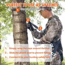 VEVOR Tree Stand Safety Rope, 30 ft/91.44 m Treestand Lifeline Rope 30KN Breaking Tension, 0.6'' Hunting Safety Line with Prusik Knot, 2pcs Carabiner and Silencer, for Treestrap and Climbing