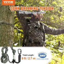 VEVOR Tree Stand Safety Rope, 9 ft/27.43M Treestand Lifeline Rope 30KN Breaking Tension, 0.6'' Hunting Safety Line con nudo Prusik, 2 piezas de mosquetón y silenciador, para Treestrap y escalada