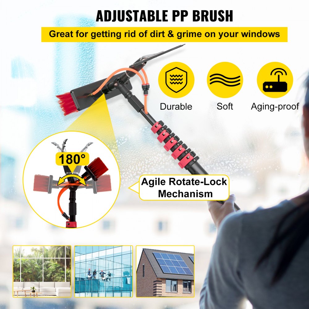VEVOR Water Fed Pole Kit, 20ft Length Water Fed Brush w/ Squeegee, 6m Water Fed Cleaning System, 3-in-1 Aluminum Outdoor Window Cleaner w/ 23' Hose, Cleaning Tool for Window Glass, Solar Panel