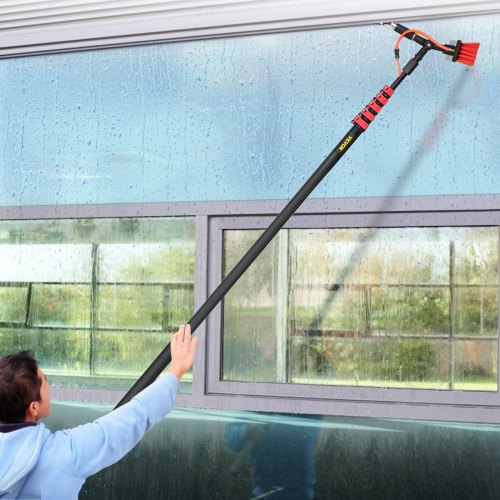VEVOR Water Fed Pole Kit, 24ft Length Water Fed Brush w/ Squeegee, 7.2m Water Fed Cleaning System, 3-in-1 Aluminum Outdoor Window Cleaner w/ 26' Hose, Cleaning Tool for Window Glass, Solar Panel