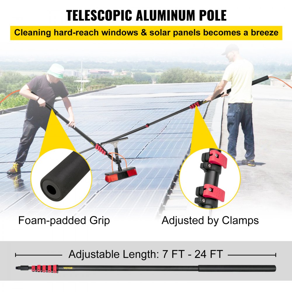 VEVOR Water Fed Pole Kit, 24ft Length Water Fed Brush w/ Squeegee, 7.2m Water Fed Cleaning System, 3-in-1 Aluminum Outdoor Window Cleaner w/ 26' Hose, Cleaning Tool for Window Glass, Solar Panel