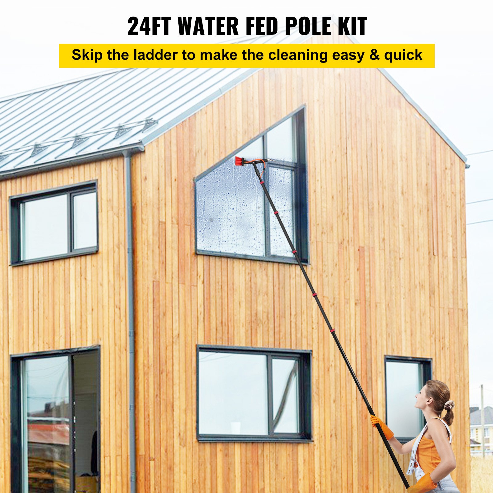 VEVOR Water Fed Pole Kit, 24ft Length Water Fed Brush w/ Squeegee, 7.2m Water Fed Cleaning System, 3-in-1 Aluminum Outdoor Window Cleaner w/ 26' Hose, Cleaning Tool for Window Glass, Solar Panel