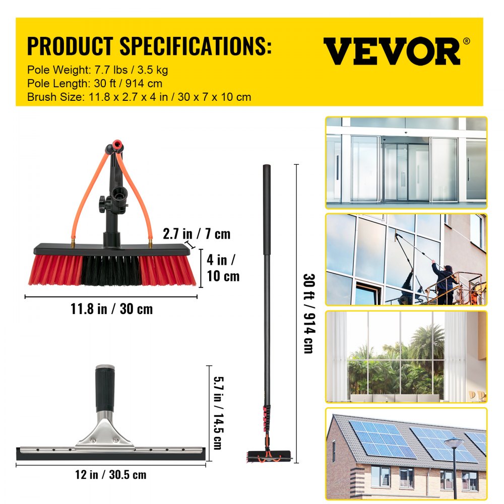 VEVOR Water Fed Pole Kit, 30ft Length Water Fed Brush w/ Squeegee, 9m Water Fed Cleaning System, 3-in-1 Aluminum Outdoor Window Cleaner w/ 33' Hose, Cleaning Tool for Window Glass, Solar Panel