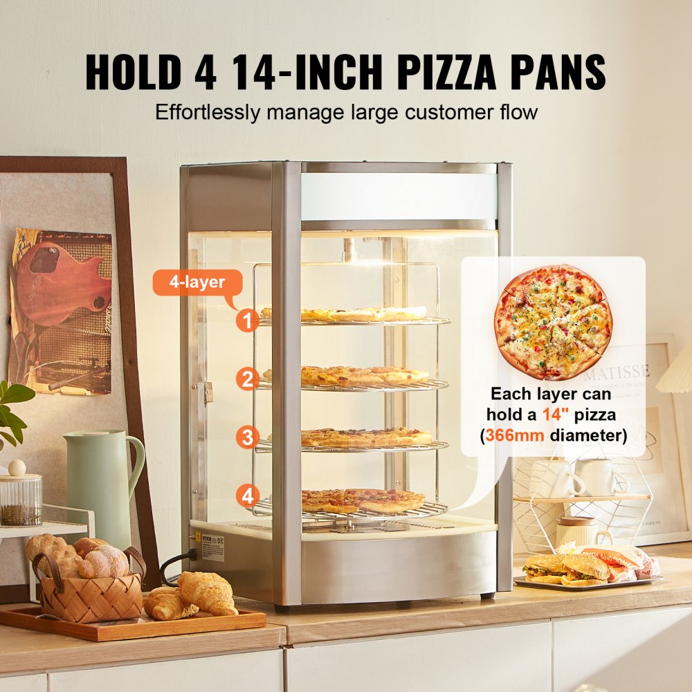 VEVOR Commercial Food Warmer Display for 14" Pizza, 4-Tier Pizza Warmer with Rotary Steam Heating, 86℉~185℉ Temperature Control and Temp Display, 25W Oven Light + Top LED for Pizza Shop, Restaurant
