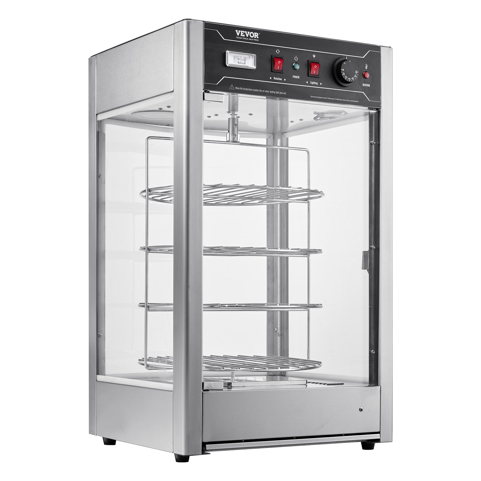 VEVOR Commercial Food Warmer Display for 14" Pizza, 4-Tier Pizza Warmer with Rotary Steam Heating, 86℉~185℉ Temperature Control and Temp Display, 25W Oven Light + Top LED for Pizza Shop, Restaurant