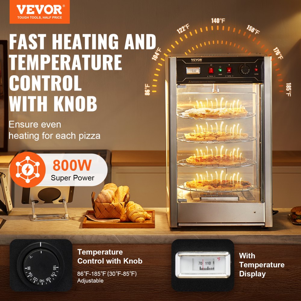 VEVOR Commercial Food Warmer Display for 14" Pizza, 4-Tier Pizza Warmer with Rotary Steam Heating, 30℃~85℃ Temperature Control and Temp Display, 25W Oven Light + Top LED for Pizza Shop, Restaurant