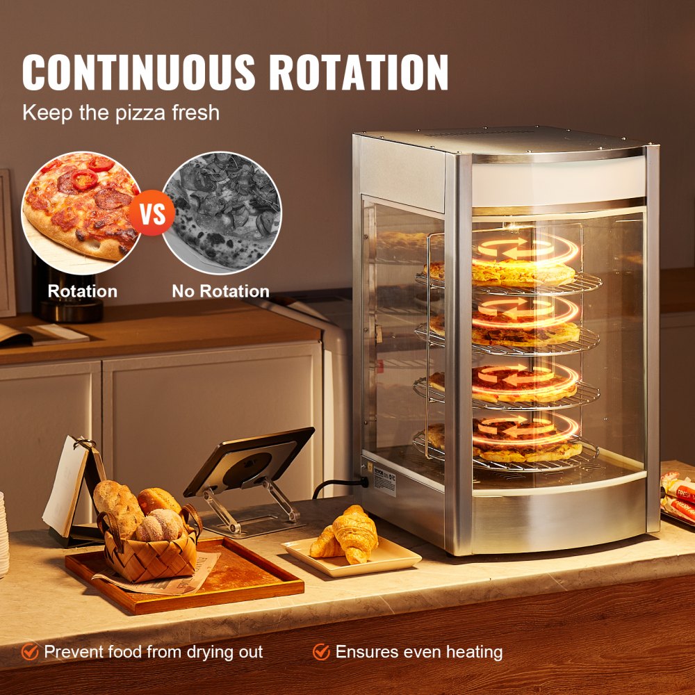 VEVOR Commercial Food Warmer Display for 14" Pizza, 4-Tier Pizza Warmer with Rotary Steam Heating, 30℃~85℃ Temperature Control and Temp Display, 25W Oven Light + Top LED for Pizza Shop, Restaurant