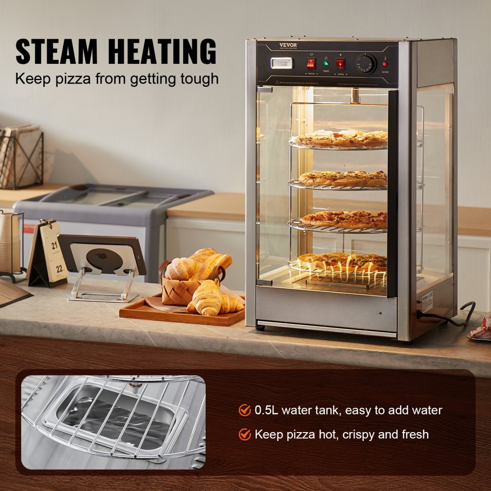 VEVOR Commercial Food Warmer Display for 14" Pizza, 4-Tier Pizza Warmer with Rotary Steam Heating, 30℃~85℃ Temperature Control and Temp Display, 25W Oven Light + Top LED for Pizza Shop, Restaurant