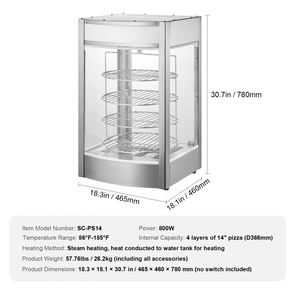 VEVOR Commercial Food Warmer Display for 14" Pizza, 4-Tier Pizza Warmer with Rotary Steam Heating, 30℃~85℃ Temperature Control and Temp Display, 25W Oven Light + Top LED for Pizza Shop, Restaurant