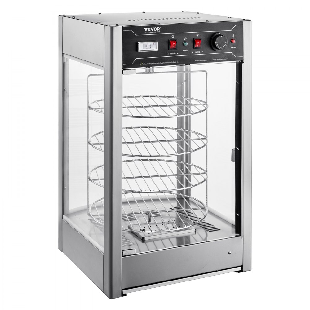 VEVOR Commercial Food Warmer Display for 14" Pizza, 4-Tier Pizza Warmer with Rotary Steam Heating, 30℃~85℃ Temperature Control and Temp Display, 25W Oven Light + Top LED for Pizza Shop, Restaurant