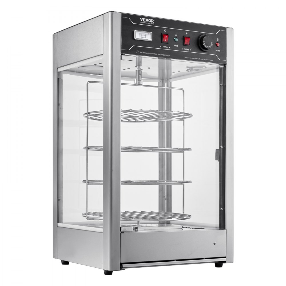 VEVOR Commercial Food Warmer Display for 14" Pizza, 4-Tier Pizza Warmer with Rotary Steam Heating, 30℃~85℃ Temperature Control and Temp Display, 25W Oven Light + Top LED for Pizza Shop, Restaurant