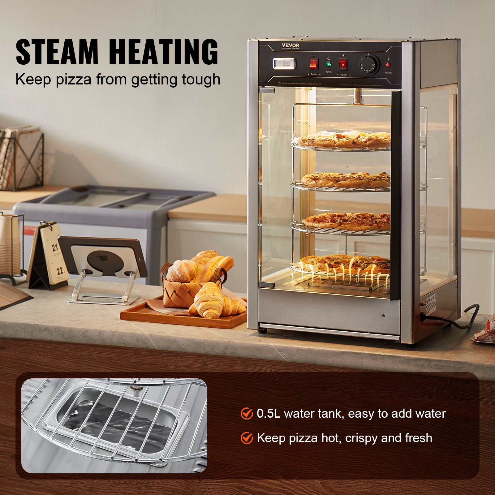 VEVOR Commercial Food Warmer Display for 14" Pizza, 4-Tier Pizza Warmer with Rotary Steam Heating, 30℃~85℃ Temperature Control and Temp Display, 25W Oven Light + Top LED for Pizza Shop, Restaurant