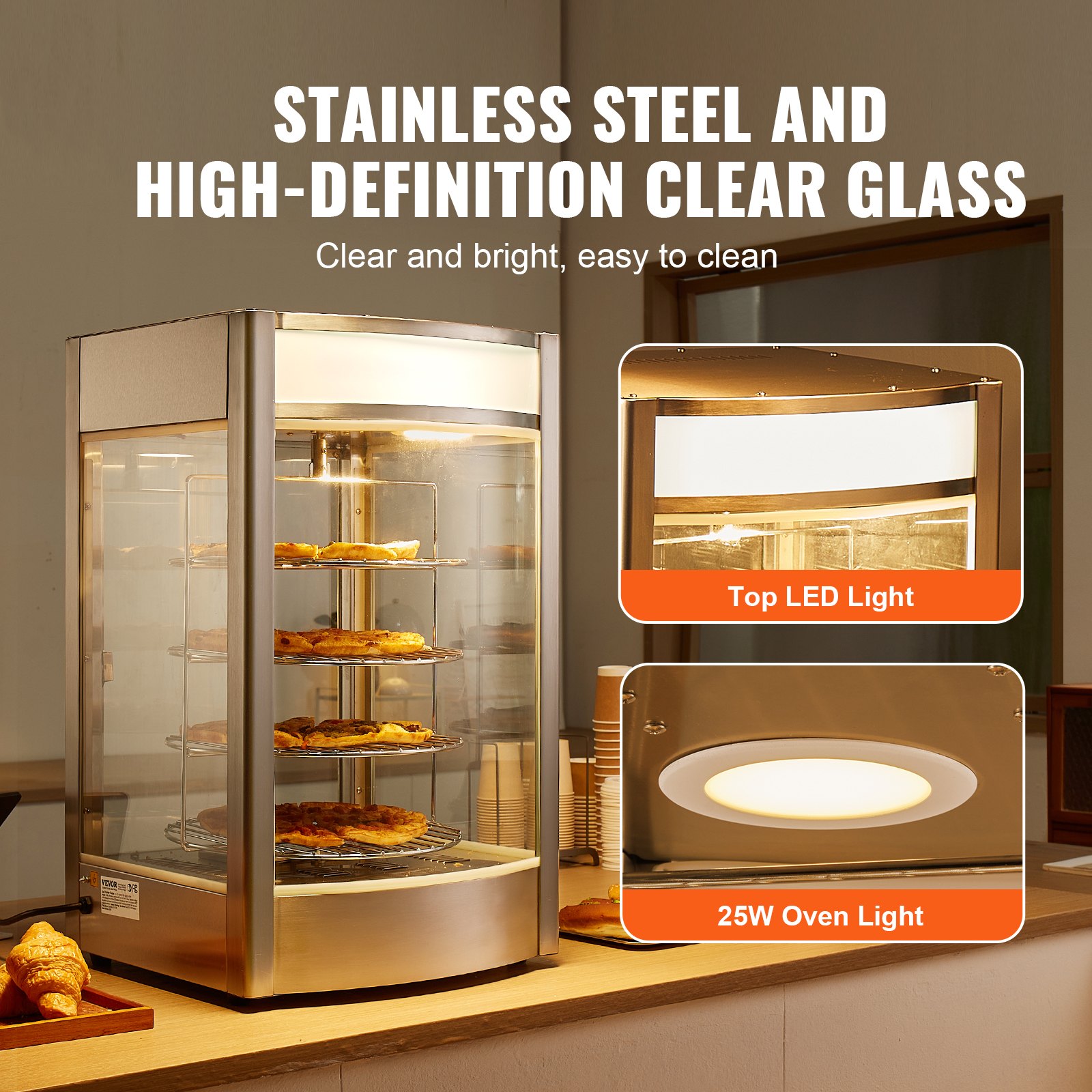 VEVOR Commercial Food Warmer Display for 14" Pizza, 4-Tier Pizza Warmer with Rotary Steam Heating, 30℃~85℃ Temperature Control and Temp Display, 25W Oven Light + Top LED for Pizza Shop, Restaurant