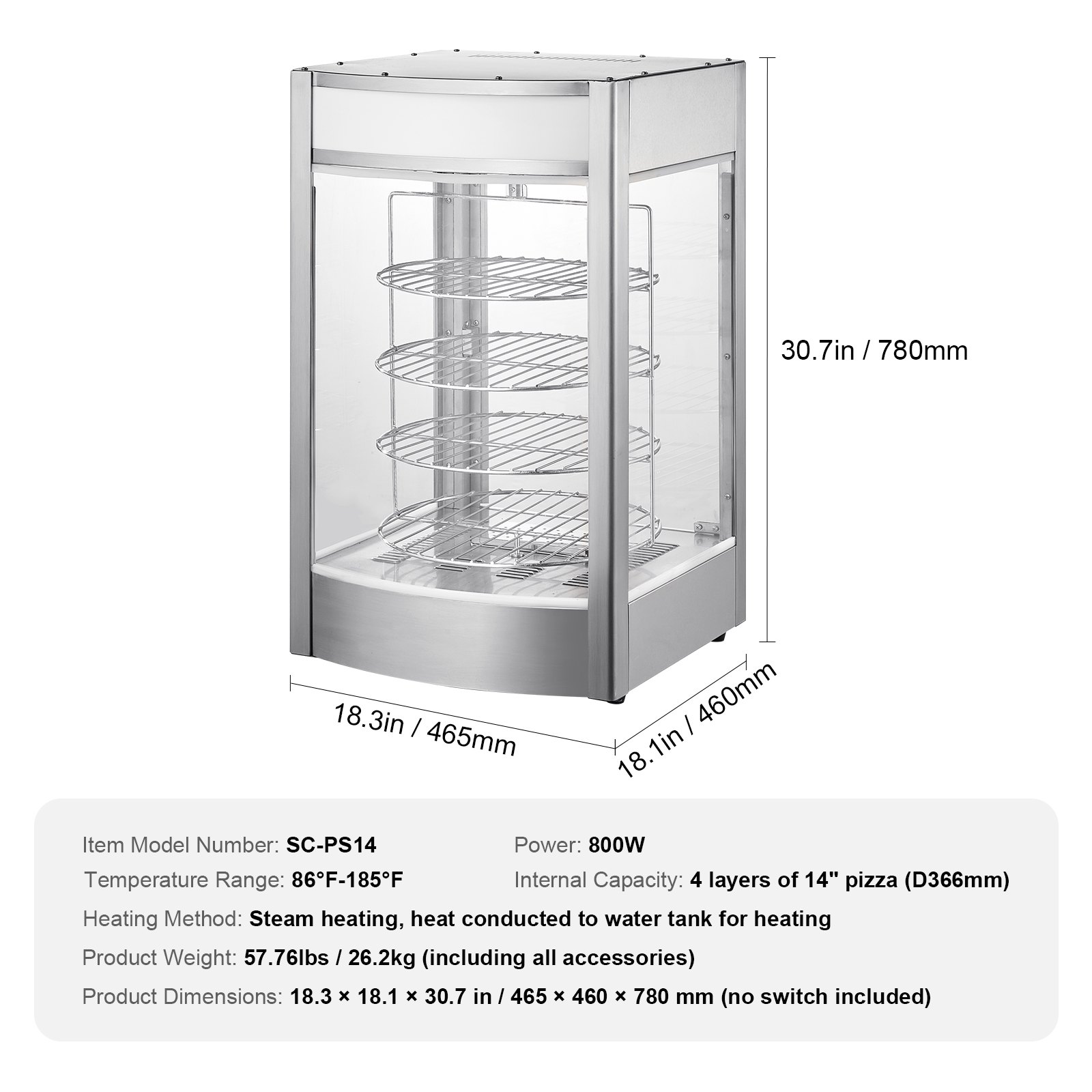 VEVOR Commercial Food Warmer Display for 14" Pizza, 4-Tier Pizza Warmer with Rotary Steam Heating, 30℃~85℃ Temperature Control and Temp Display, 25W Oven Light + Top LED for Pizza Shop, Restaurant
