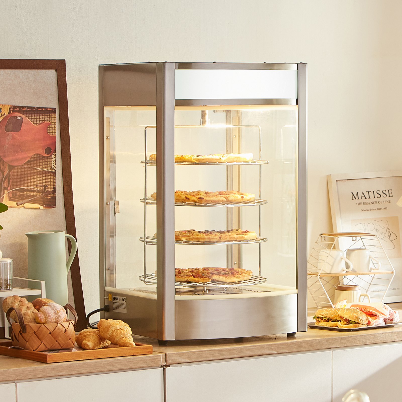 VEVOR Commercial Food Warmer Display for 14" Pizza, 4-Tier Pizza Warmer with Rotary Steam Heating, 30℃~85℃ Temperature Control and Temp Display, 25W Oven Light + Top LED for Pizza Shop, Restaurant